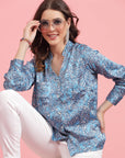 Floral Printed Mandarin Collar Cuffed Sleeves Shirt Style Top