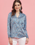 Floral Printed Mandarin Collar Cuffed Sleeves Shirt Style Top