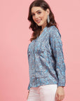 Floral Printed Mandarin Collar Cuffed Sleeves Shirt Style Top