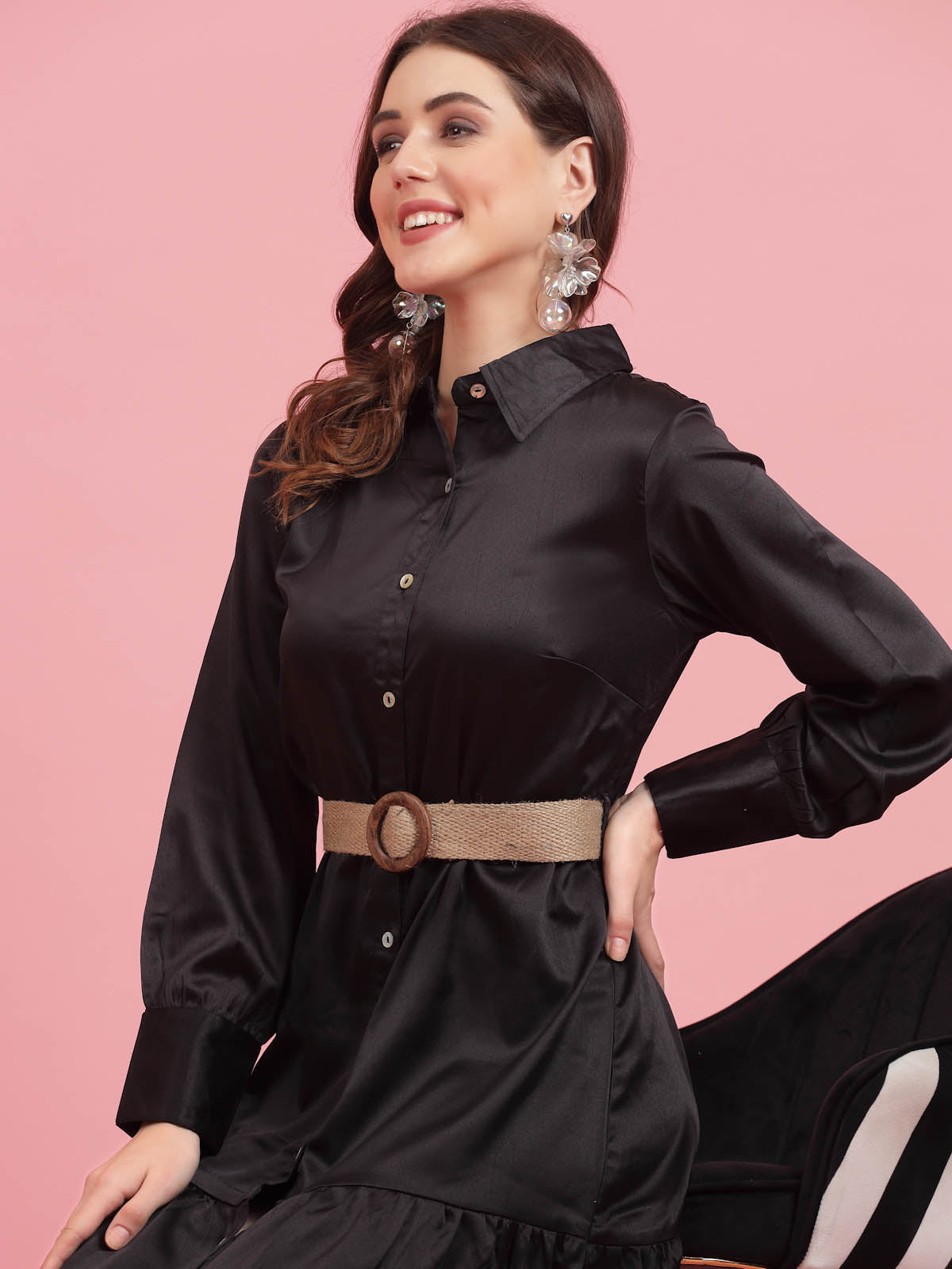 Black Shirt Collar A-Line Midi Dress