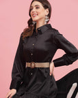 Black Shirt Collar A-Line Midi Dress