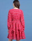 Geometric Printed V-Neck Puff Sleeves Smocked Detail Fit and Flare Dress