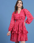 Geometric Printed V-Neck Puff Sleeves Smocked Detail Fit and Flare Dress