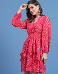 Geometric Printed V-Neck Puff Sleeves Smocked Detail Fit and Flare Dress