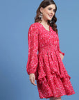 Geometric Printed V-Neck Puff Sleeves Smocked Detail Fit and Flare Dress