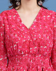 Geometric Printed V-Neck Puff Sleeves Smocked Detail Fit and Flare Dress