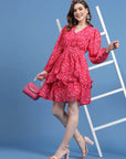 Geometric Printed V-Neck Puff Sleeves Smocked Detail Fit and Flare Dress