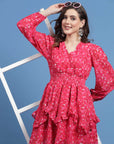 Geometric Printed V-Neck Puff Sleeves Smocked Detail Fit and Flare Dress