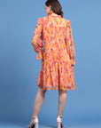 Orange Floral Printed Tie-Up Neck Bell Sleeve Drop-Waist Dress