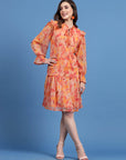 Orange Floral Printed Tie-Up Neck Bell Sleeve Drop-Waist Dress
