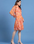 Orange Floral Printed Tie-Up Neck Bell Sleeve Drop-Waist Dress
