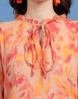 Orange Floral Printed Tie-Up Neck Bell Sleeve Drop-Waist Dress