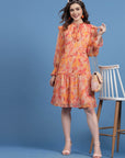 Orange Floral Printed Tie-Up Neck Bell Sleeve Drop-Waist Dress