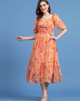 Orange Floral Printed Square Neck Gathered A-Line Midi Dress