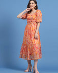 Orange Floral Printed Square Neck Gathered A-Line Midi Dress