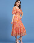 Orange Floral Printed Square Neck Gathered A-Line Midi Dress