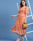 Orange Floral Printed Square Neck Gathered A-Line Midi Dress