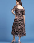 Pink Animal Printed Puff Sleeves A-Line Midi Dress