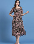 Pink Animal Printed Puff Sleeves A-Line Midi Dress