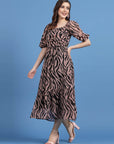 Pink Animal Printed Puff Sleeves A-Line Midi Dress