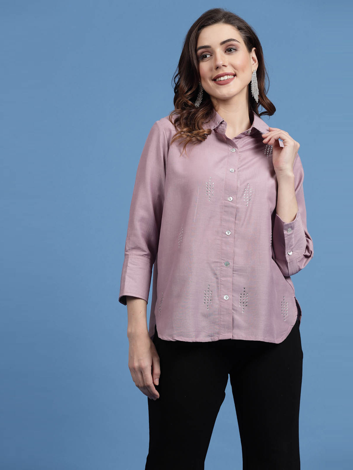 Charcoal Embellished Spread Collar Casual Shirt