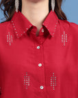 Red Embellished Spread Collar Casual Shirt