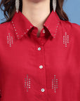 Red Embellished Spread Collar Casual Buttoned Top