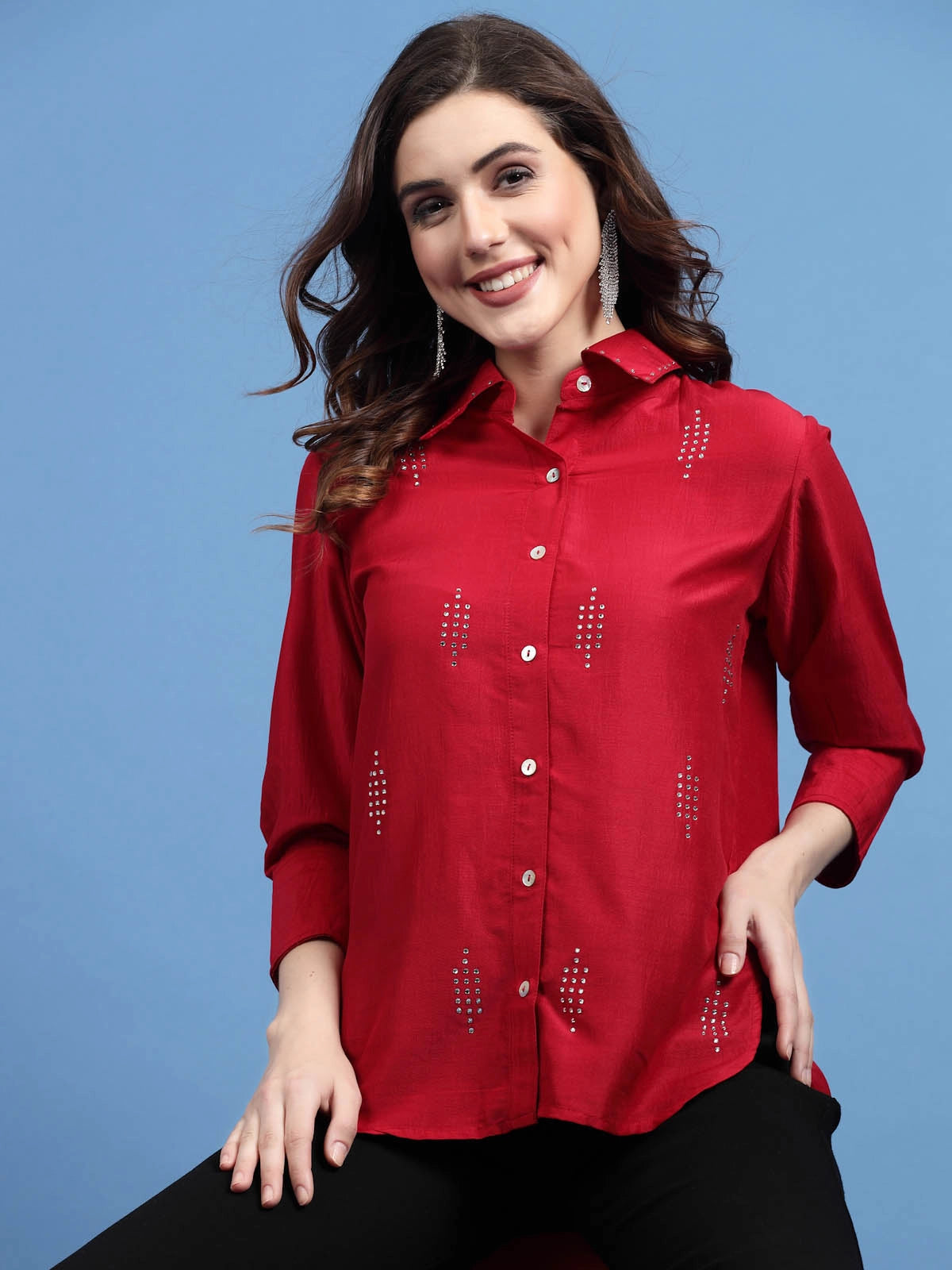 Red Embellished Spread Collar Casual Buttoned Top