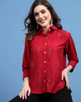 Red Embellished Spread Collar Casual Buttoned Top