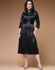 Black Shirt Collar Belted Drop-Waist Midi Dress