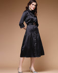 Black Shirt Collar Belted Drop-Waist Midi Dress