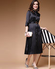 Black Shirt Collar Belted Drop-Waist Midi Dress