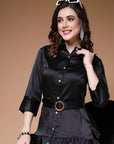 Black Shirt Collar Belted Drop-Waist Midi Dress