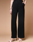 Women Black Mid Rise Plain Parallel Trousers