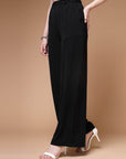 Women Black Mid Rise Plain Parallel Trousers