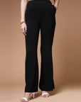 Women Black Mid Rise Plain Bootcut Trousers