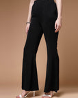 Women Black Mid Rise Plain Bootcut Trousers