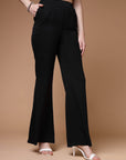 Women Black Mid Rise Plain Bootcut Trousers