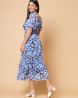 Blue Floral Print Cold-Shoulder Fit  Flare Midi Dress