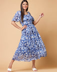 Blue Floral Print Cold-Shoulder Fit  Flare Midi Dress