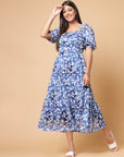 Blue Floral Print Cold-Shoulder Fit  Flare Midi Dress