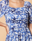 Blue Floral Print Cold-Shoulder Fit  Flare Midi Dress