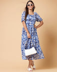 Blue Floral Print Cold-Shoulder Fit  Flare Midi Dress