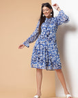 Blue Floral Printed Tie-Up Neck Puff Sleeves Ruffles Flounce Hem Drop-Waist Dress