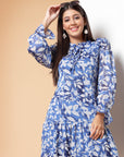 Blue Floral Printed Tie-Up Neck Puff Sleeves Ruffles Flounce Hem Drop-Waist Dress