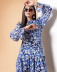 Blue Floral Printed Tie-Up Neck Puff Sleeves Ruffles Flounce Hem Drop-Waist Dress