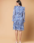 Blue Floral Printed Tie-Up Neck Puff Sleeves Ruffles Flounce Hem Drop-Waist Dress