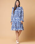 Blue Floral Printed Tie-Up Neck Puff Sleeves Ruffles Flounce Hem Drop-Waist Dress