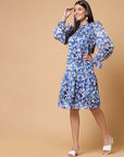 Blue Floral Printed Tie-Up Neck Puff Sleeves Ruffles Flounce Hem Drop-Waist Dress