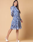 Blue Floral Printed Tie-Up Neck Puff Sleeves Ruffles Flounce Hem Drop-Waist Dress